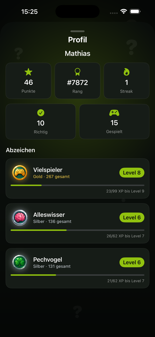 Spielerprofil mit Abzeichen in der App